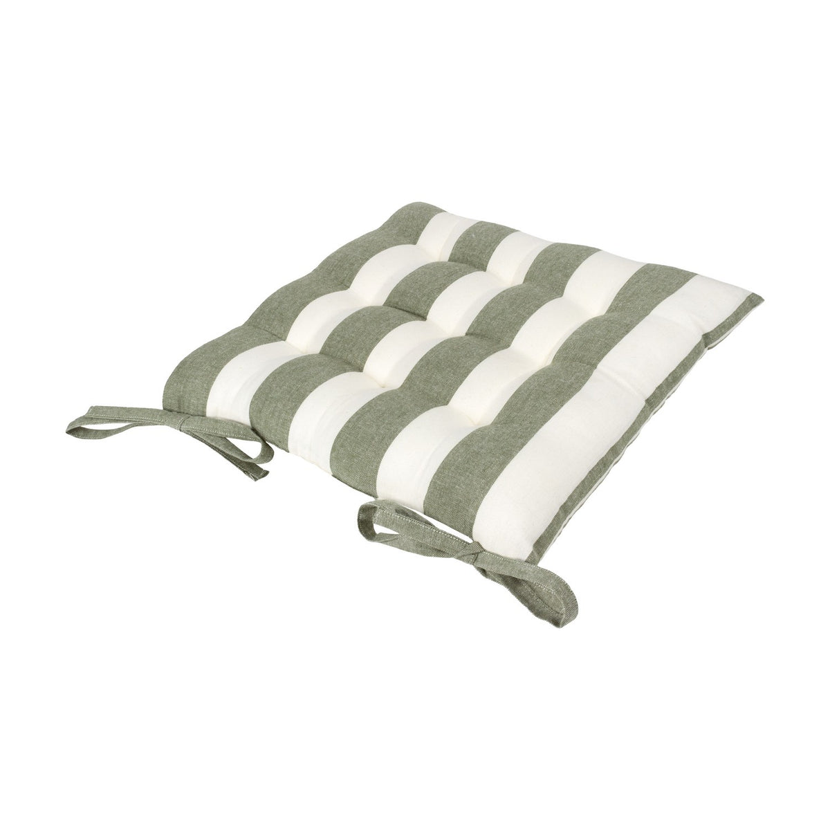 Hayle Reversible Cotton Seat Pad in moss green and cream broad stripe, tufted cushion with corner tie fastenings, shown on a plain white background.