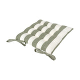 Hayle Reversible Cotton Seat Pad in moss green and cream broad stripe, tufted cushion with corner tie fastenings, shown on a plain white background.