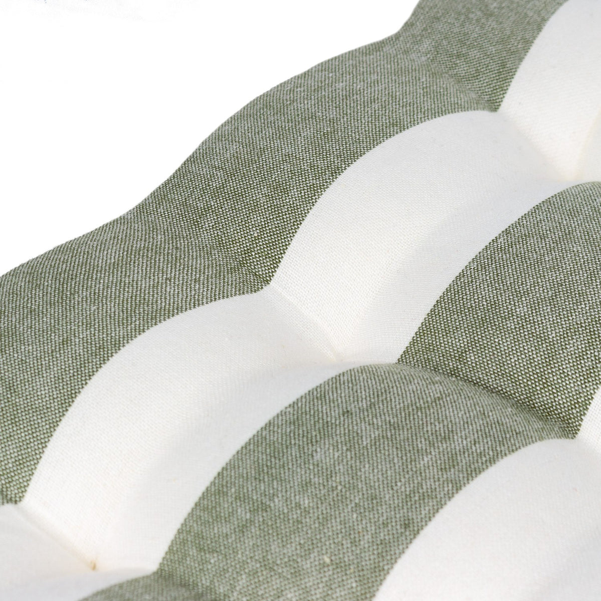 Close-up of the Hayle Reversible Cotton Seat Pad in moss green and cream, showing the tufted, wave-like stripe pattern in yarn-dyed cotton.