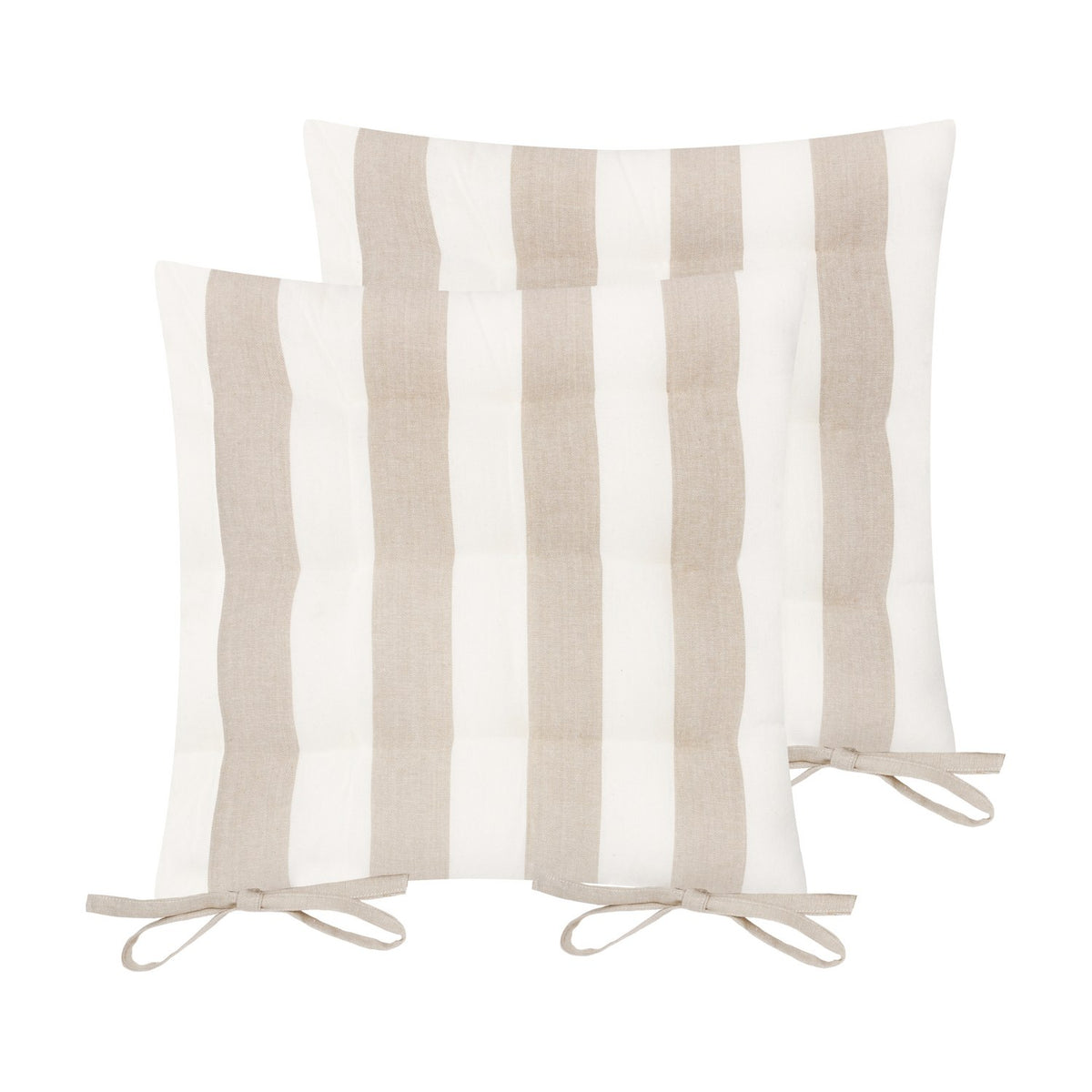 Pack of two Hayle reversible cotton seat pads in natural stripe on white, with tie fastenings at each corner, shown on a plain white background.