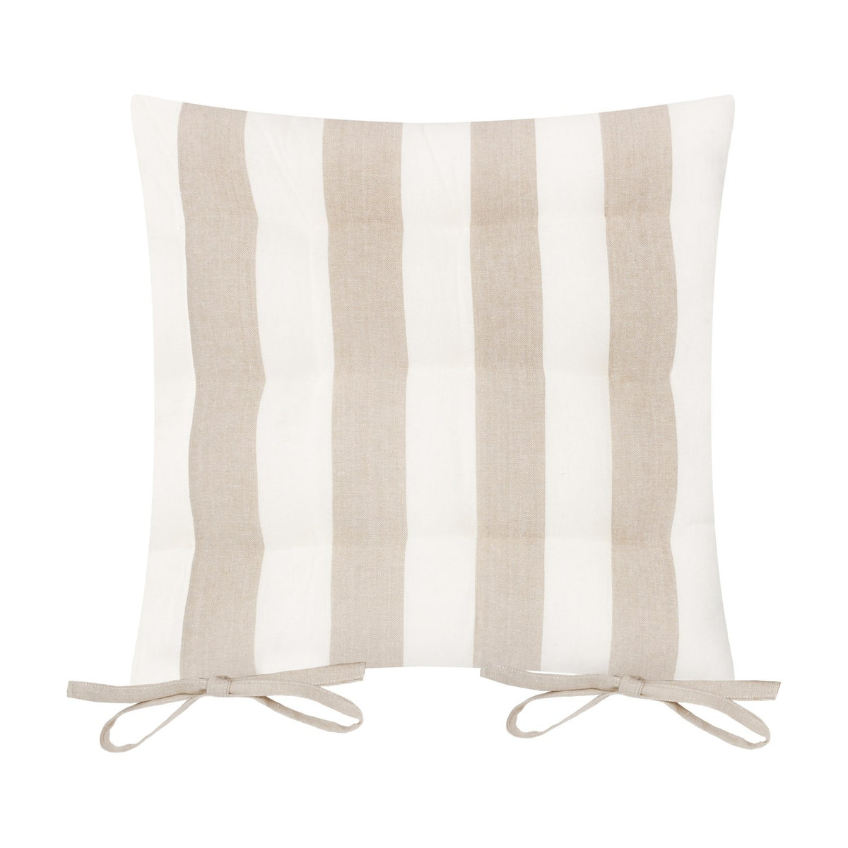 Hayle reversible cotton seat pad in natural broad stripe over white, with tie fastenings, shown on a plain white background.