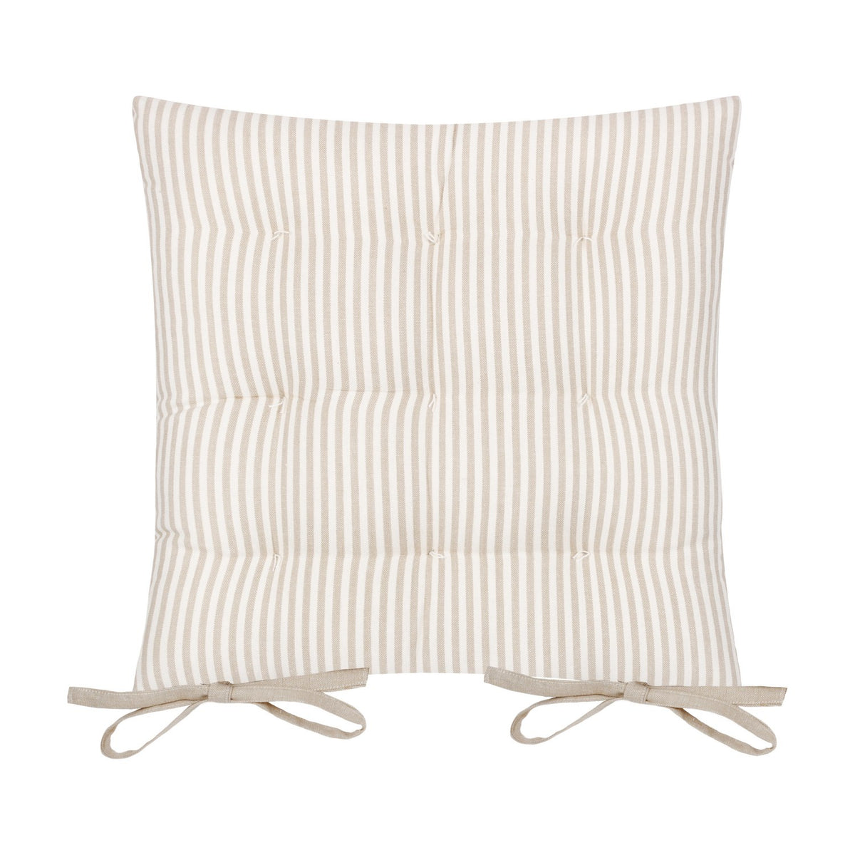 Hayle Reversible Cotton Seat Pad in natural stripe on white cotton, tufted with fabric ties, shown on a plain white background.