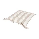 Hayle reversible cotton seat pad in natural stripe on a white ground, tufted square cushion with corner tie fastenings, shown on a plain white background.