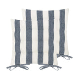 Hayle reversible cotton seat pad pack of two in navy and cream broad stripe, tufted padded design with corner fabric ties, shown on a plain white background.
