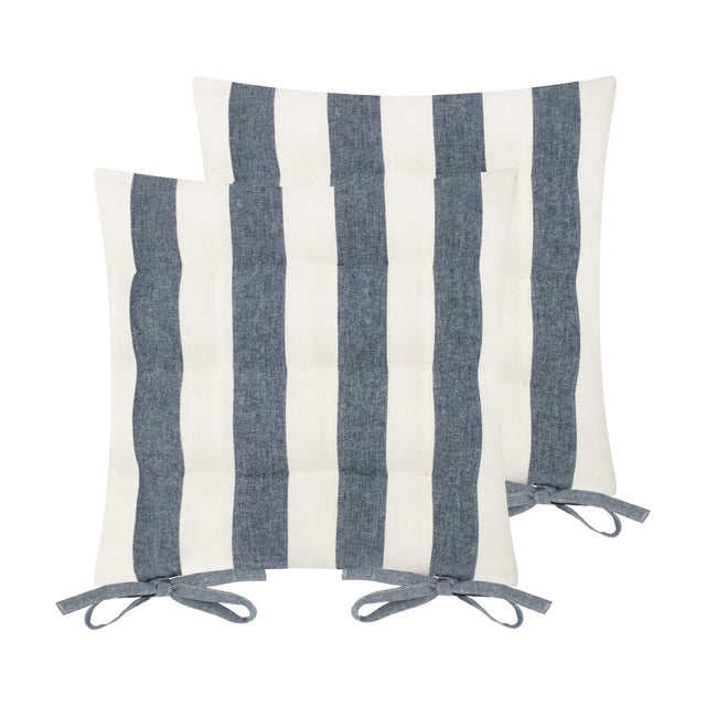 Hayle reversible cotton seat pad pack of two in navy and cream broad stripe, tufted padded design with corner fabric ties, shown on a plain white background.