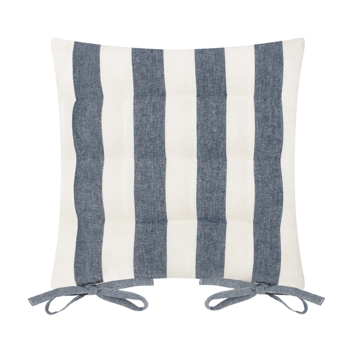 Hayle reversible cotton seat pad in navy and cream with broad stripe design, tufted padding and fabric corner ties, shown on a plain white background.