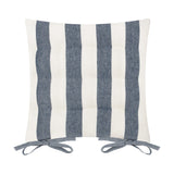 Hayle reversible cotton seat pad in navy and cream with broad stripe design, tufted padding and fabric corner ties, shown on a plain white background.