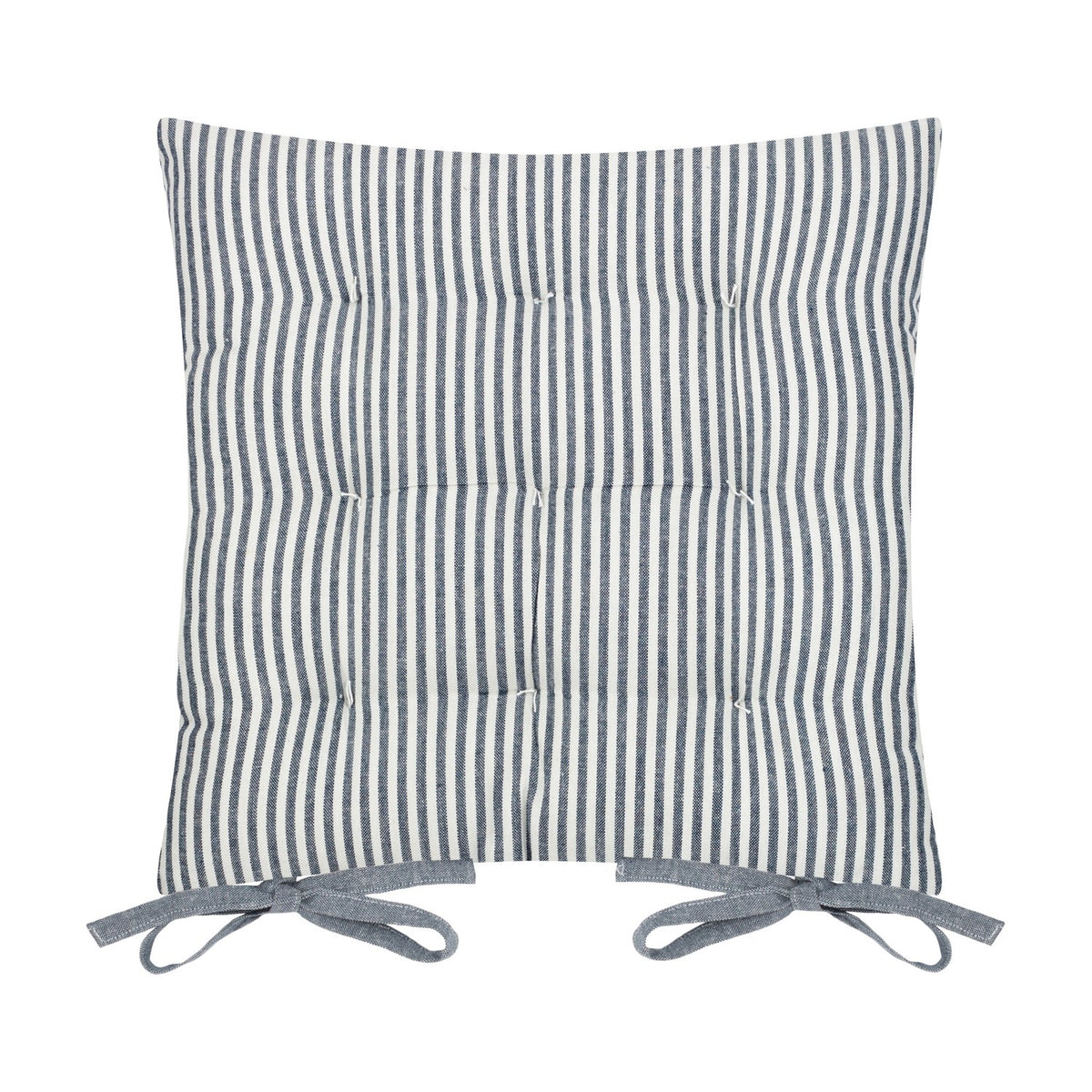 Hayle reversible cotton seat pad in navy and cream fine stripe, tufted with fabric ties at the back corners, on a plain white background.