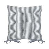 Hayle reversible cotton seat pad in navy and cream fine stripe, tufted with fabric ties at the back corners, on a plain white background.