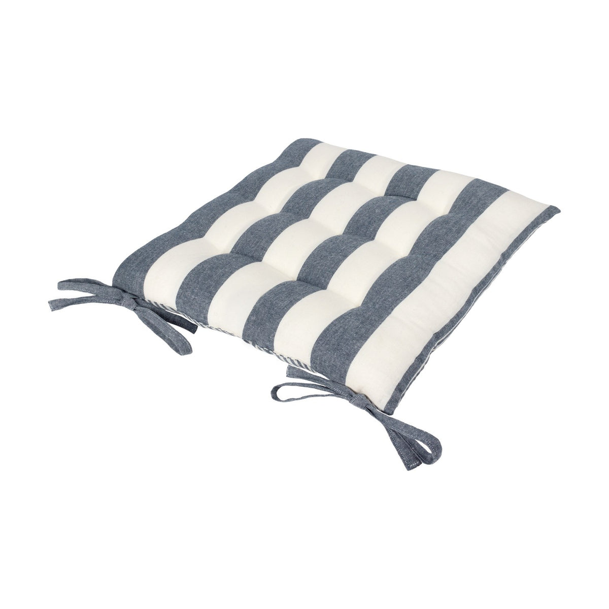 Hayle Reversible Cotton Seat Pad in navy and cream, showing the broad-stripe tufted cushion with corner fabric ties, on a plain white background.