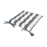 Hayle Reversible Cotton Seat Pad in navy and cream, showing the broad-stripe tufted cushion with corner fabric ties, on a plain white background.