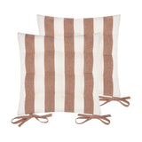 Hayle Reversible Cotton Seat Pad in pecan brown and cream broad stripes, pack of two 40 x 40cm cushions with tie fastenings, shown on a white background.