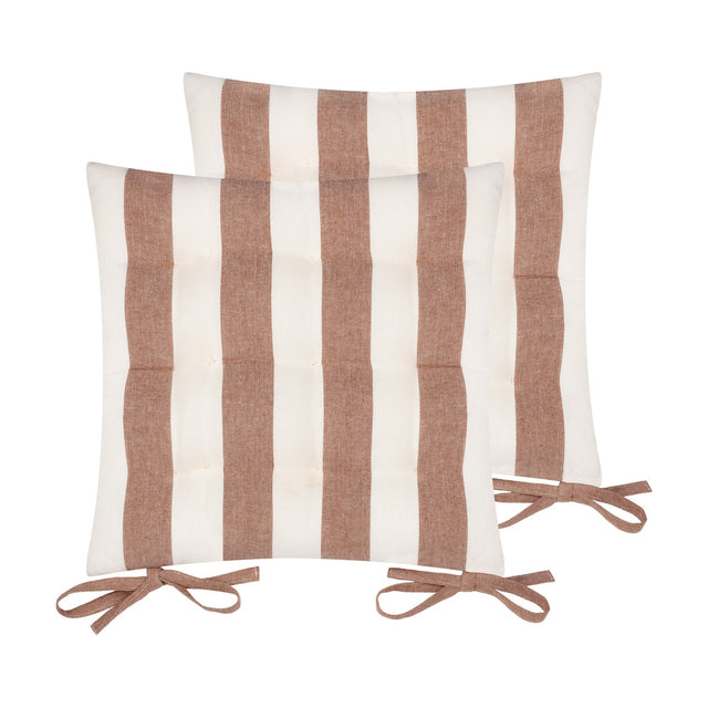 Hayle Reversible Cotton Seat Pad in pecan brown and cream broad stripes, pack of two 40 x 40cm cushions with tie fastenings, shown on a white background.