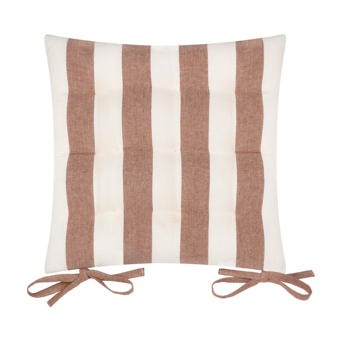 Hayle Reversible Cotton Seat Pad in Pecan, a tufted square cushion with bold pecan-brown and cream stripes and matching tie fastenings, shown on a white background.