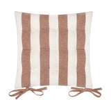 Hayle Reversible Cotton Seat Pad in Pecan, a tufted square cushion with bold pecan-brown and cream stripes and matching tie fastenings, shown on a white background.
