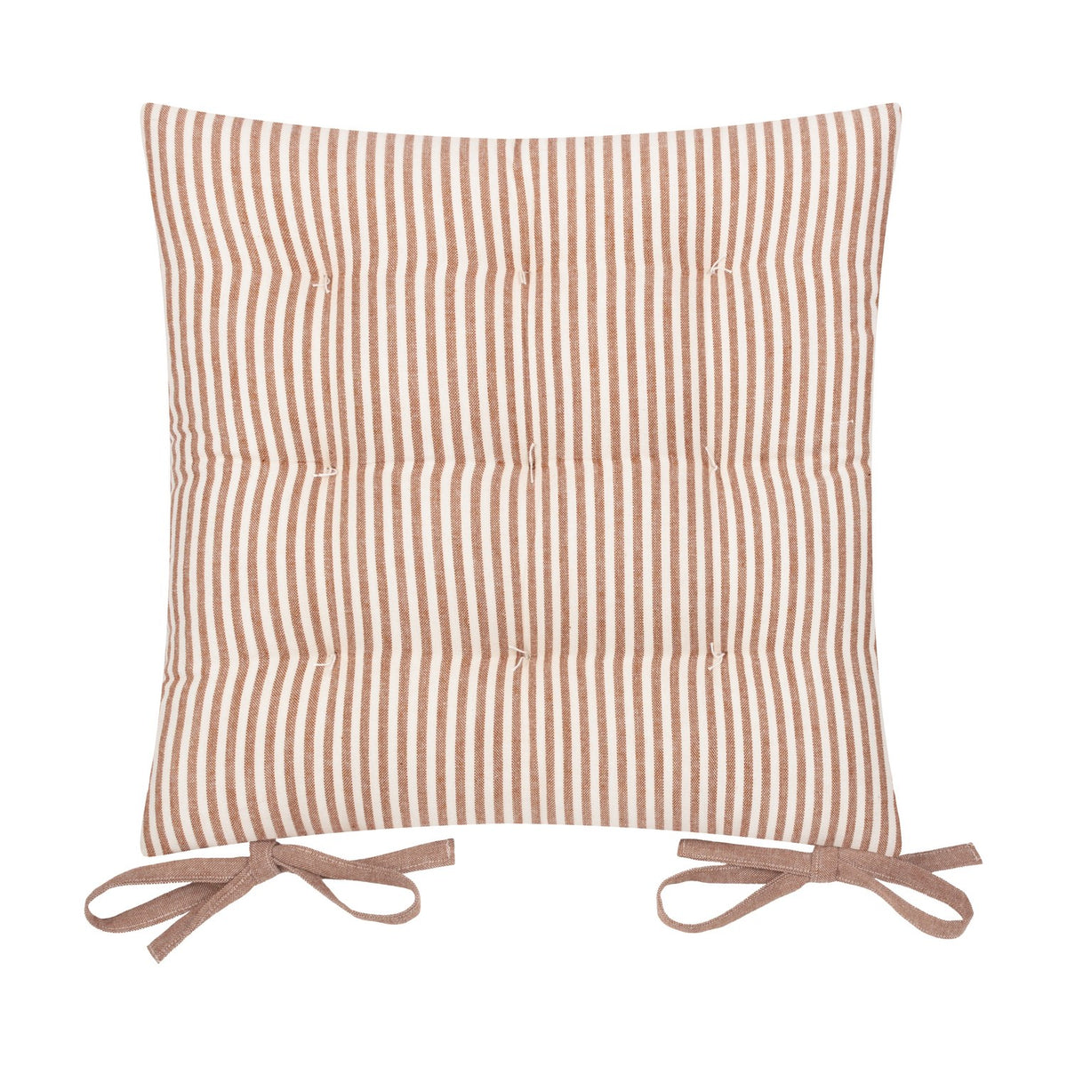 Hayle Reversible Cotton Seat Pad in Pecan, showing the narrow ticking-stripe side in brown and cream with tie fastenings, on a plain white background.