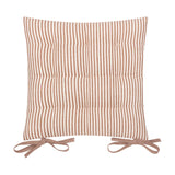 Hayle Reversible Cotton Seat Pad in Pecan, showing the narrow ticking-stripe side in brown and cream with tie fastenings, on a plain white background.