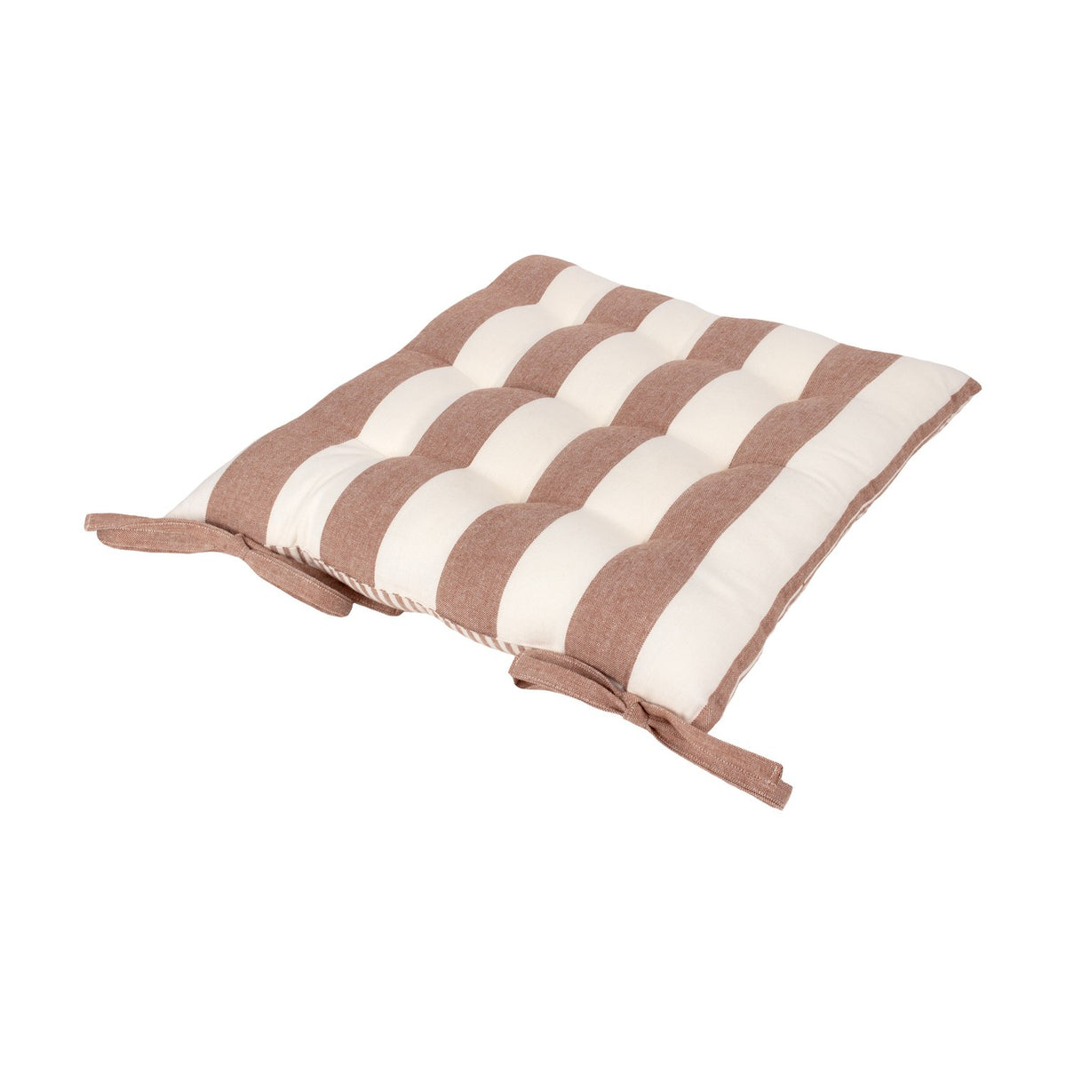 Hayle Reversible Cotton Seat Pad in Pecan, a square tufted cushion with bold brown and cream stripes and corner tie fastenings, shown on a plain white background.