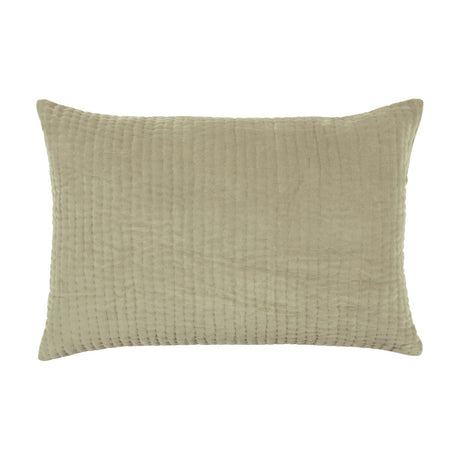 Haze Plain Velvet Cushion in Quartz, a rectangular quilted velvet cushion with fine ribbed texture in a soft beige-greige tone, shown on a plain white background.