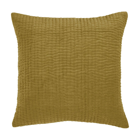 Haze Plain Velvet Cushion in mustard yellow, square with quilted run-stitched ridges on the front, shown on a plain white background.