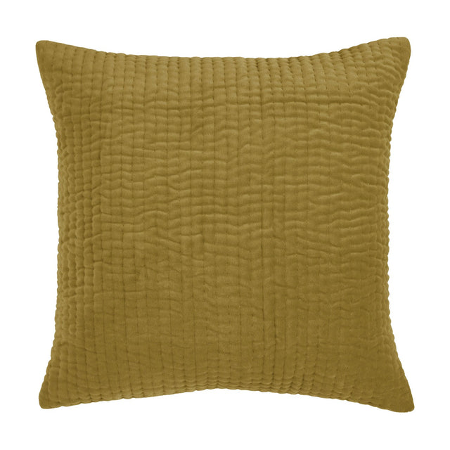 Haze Plain Velvet Cushion in mustard yellow, square with quilted run-stitched ridges on the front, shown on a plain white background.