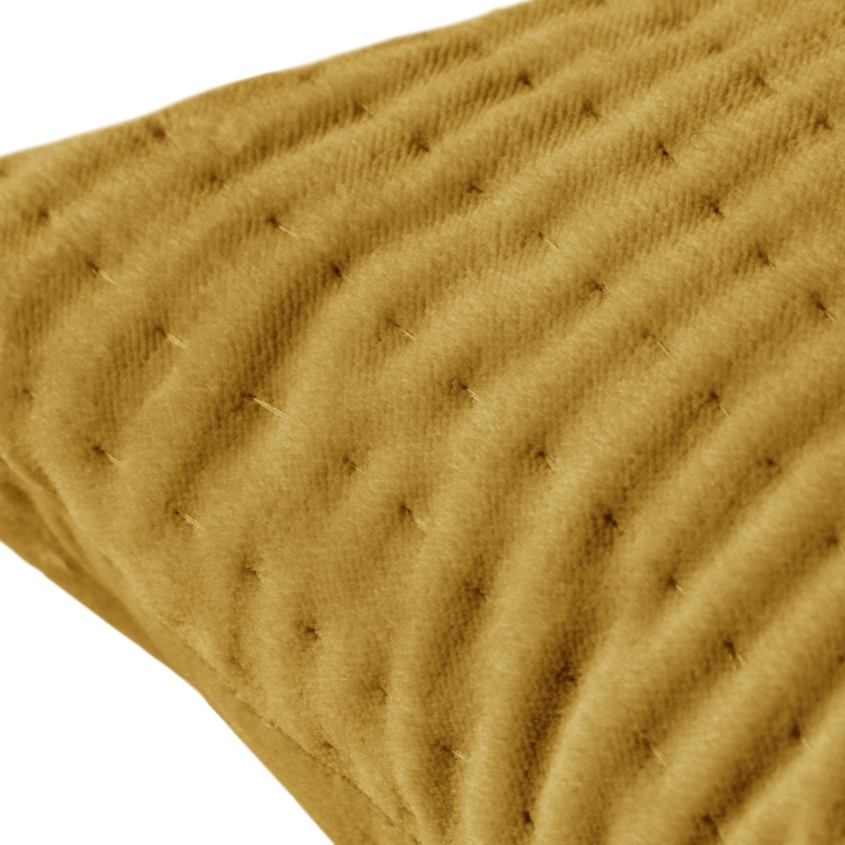 Close-up of the Haze Plain Velvet Cushion in mustard yellow, showing run-stitched quilting that creates fine parallel ridges across the soft velvet surface.