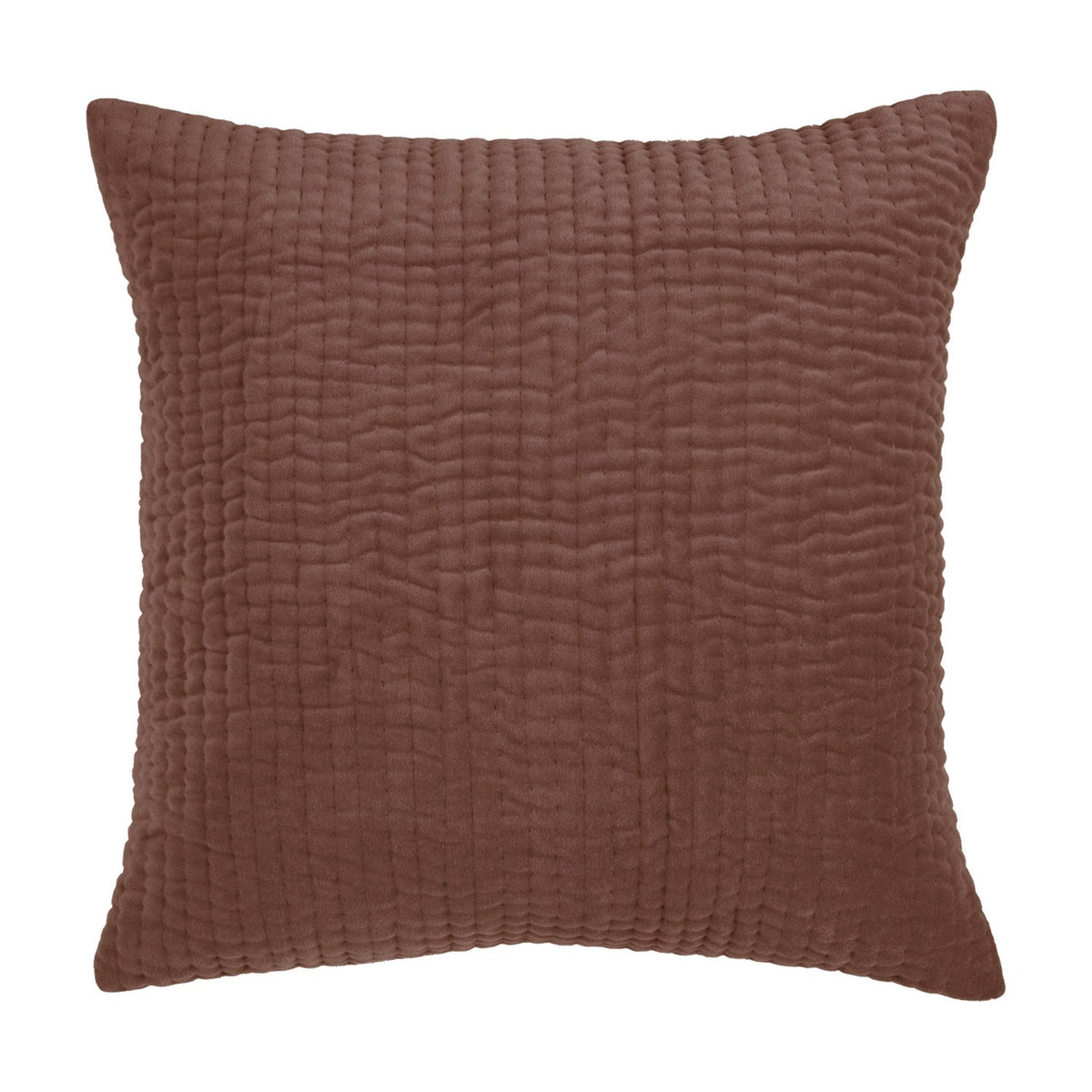 Haze Plain Velvet Cushion in Persimmon, a 50x50cm square cushion with a quilted, ripple-textured front in warm rust-brown velvet, shown against a plain white background.