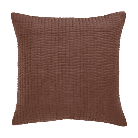 Haze Plain Velvet Cushion in Persimmon, a 50x50cm square cushion with a quilted, ripple-textured front in warm rust-brown velvet, shown against a plain white background.