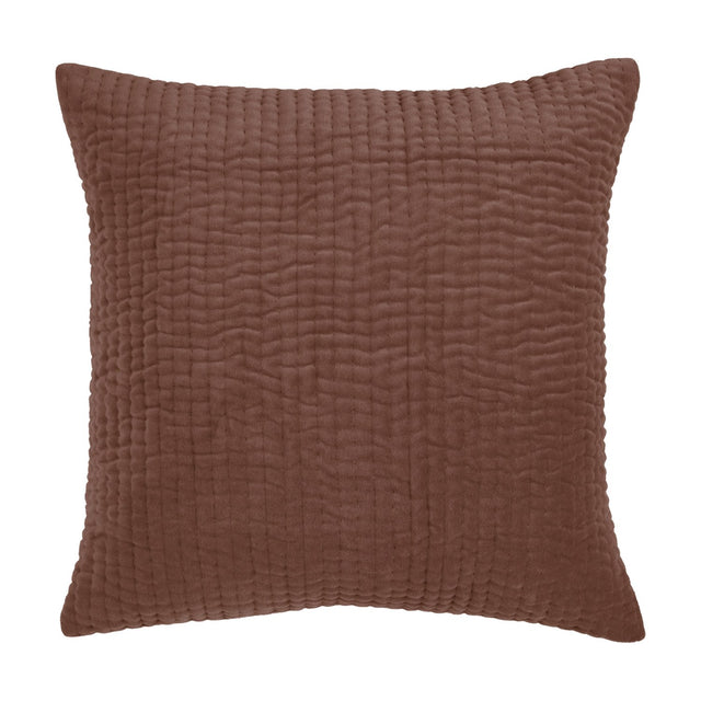 Haze Plain Velvet Cushion in Persimmon, a 50x50cm square cushion with a quilted, ripple-textured front in warm rust-brown velvet, shown against a plain white background.