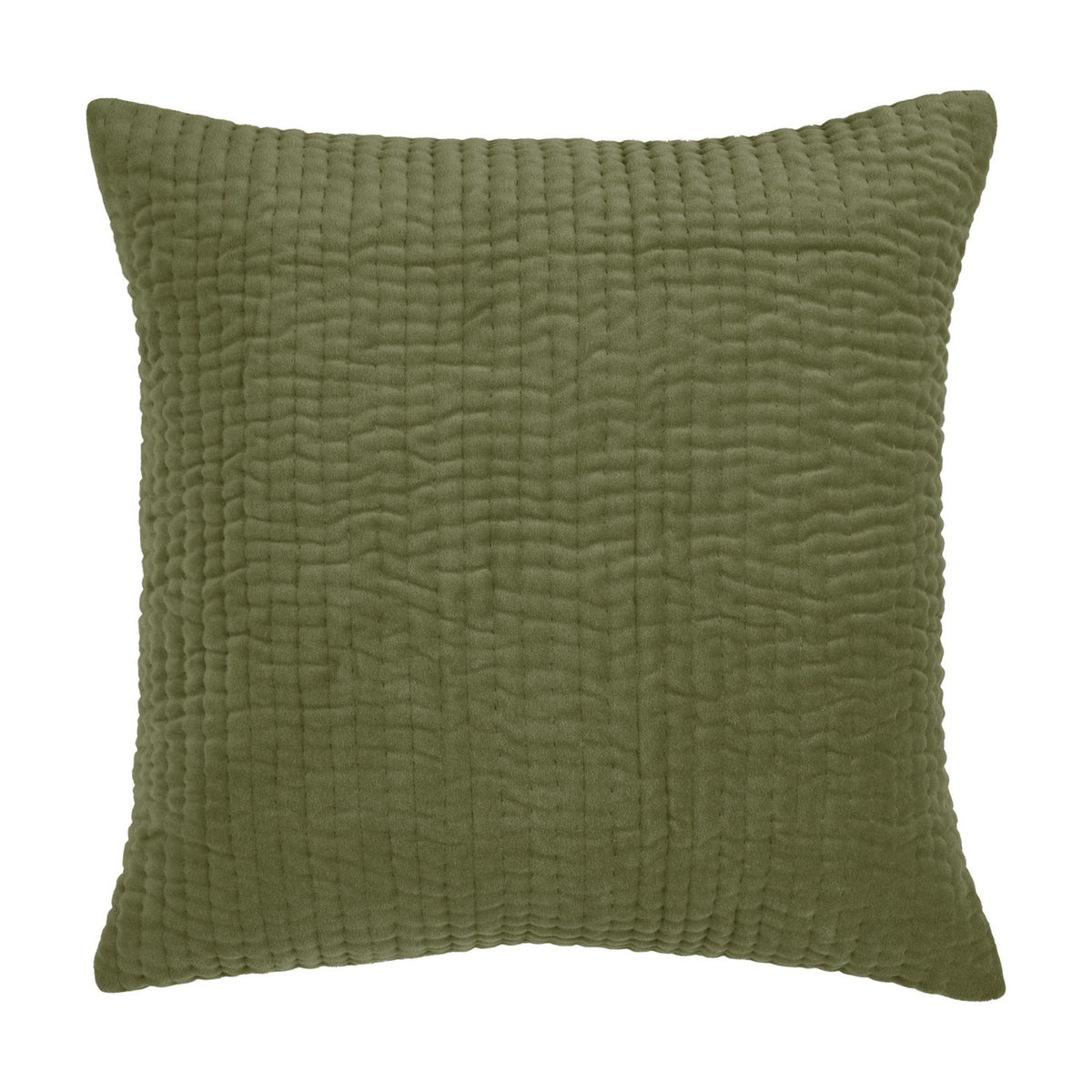 Haze Plain Velvet Cushion in sage green, a square design with subtle quilted vertical channel texture, shown against a plain white background.