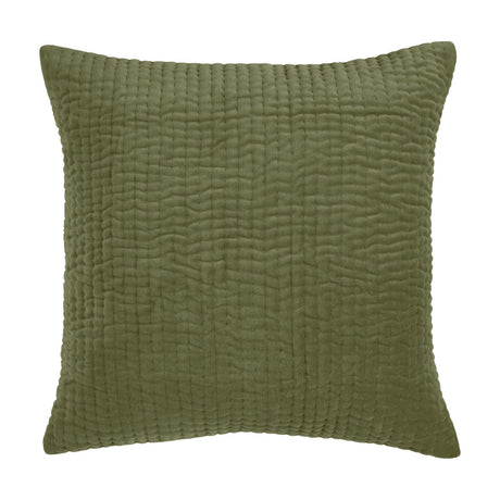 Haze Plain Velvet Cushion in sage green, a square design with subtle quilted vertical channel texture, shown against a plain white background.