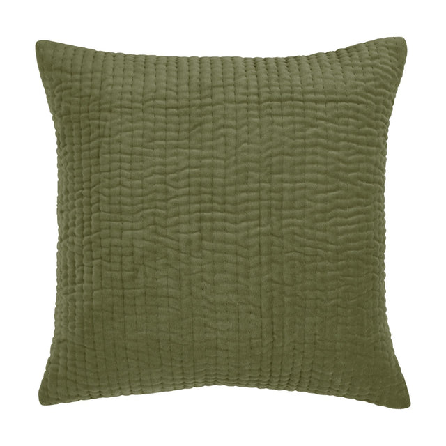 Haze Plain Velvet Cushion in sage green, a square design with subtle quilted vertical channel texture, shown against a plain white background.