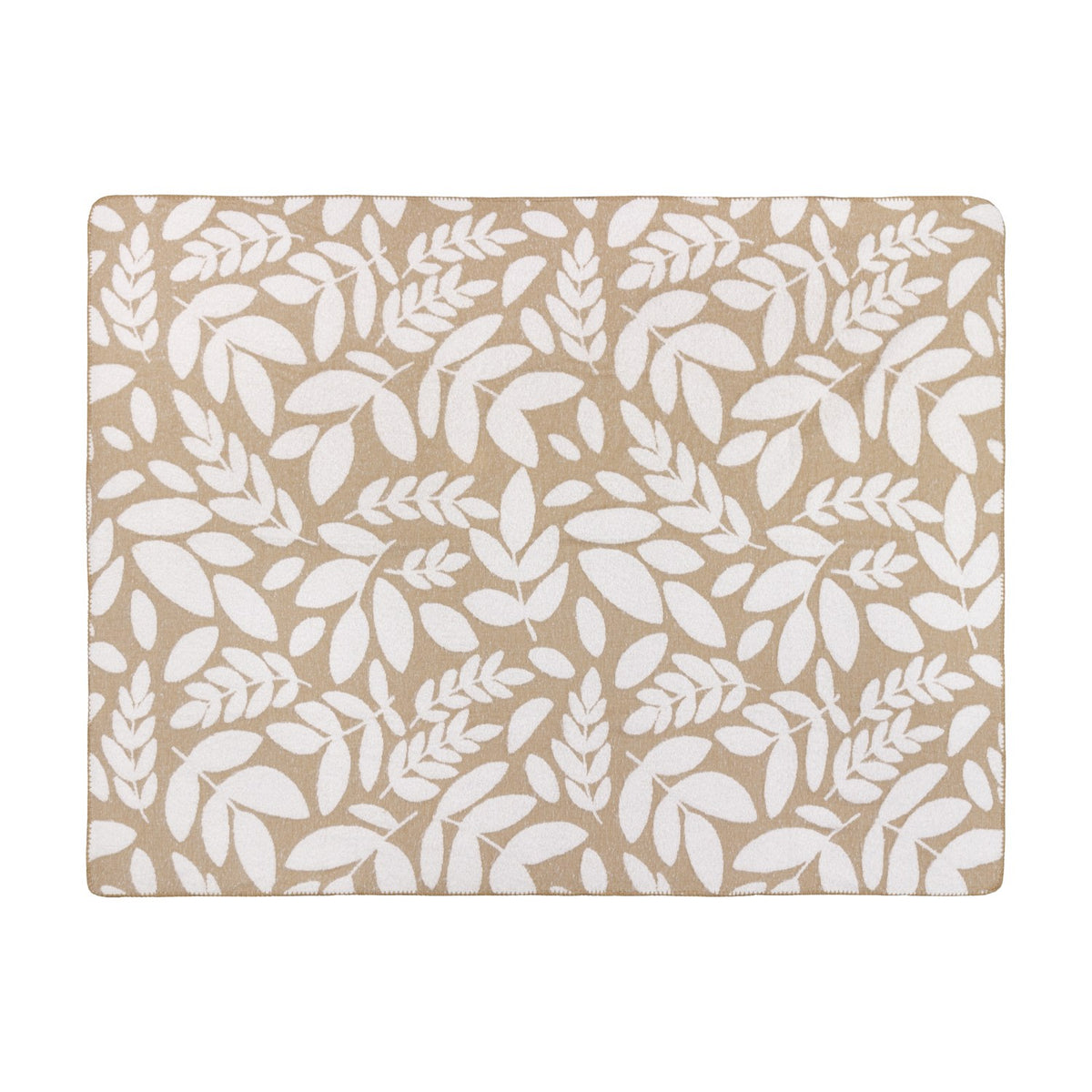 Hazel Botanical Polyester Throw in oatmeal, showing an all-over white leaf pattern on a beige ground with blanket-stitch edging, laid flat on a white background.