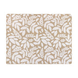 Hazel Botanical Polyester Throw in oatmeal, showing an all-over white leaf pattern on a beige ground with blanket-stitch edging, laid flat on a white background.