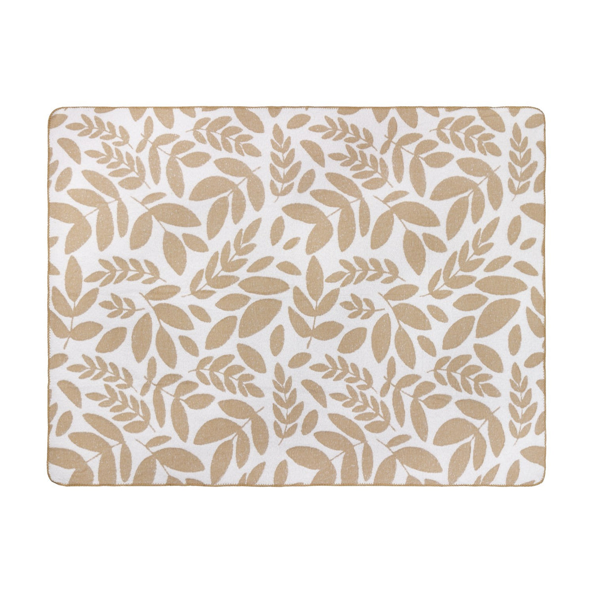 Hazel Botanical Polyester Throw in oatmeal, rectangular with an all-over beige leaf pattern on a white ground and blanket-stitch trim along the edges, shown on a plain white background.
