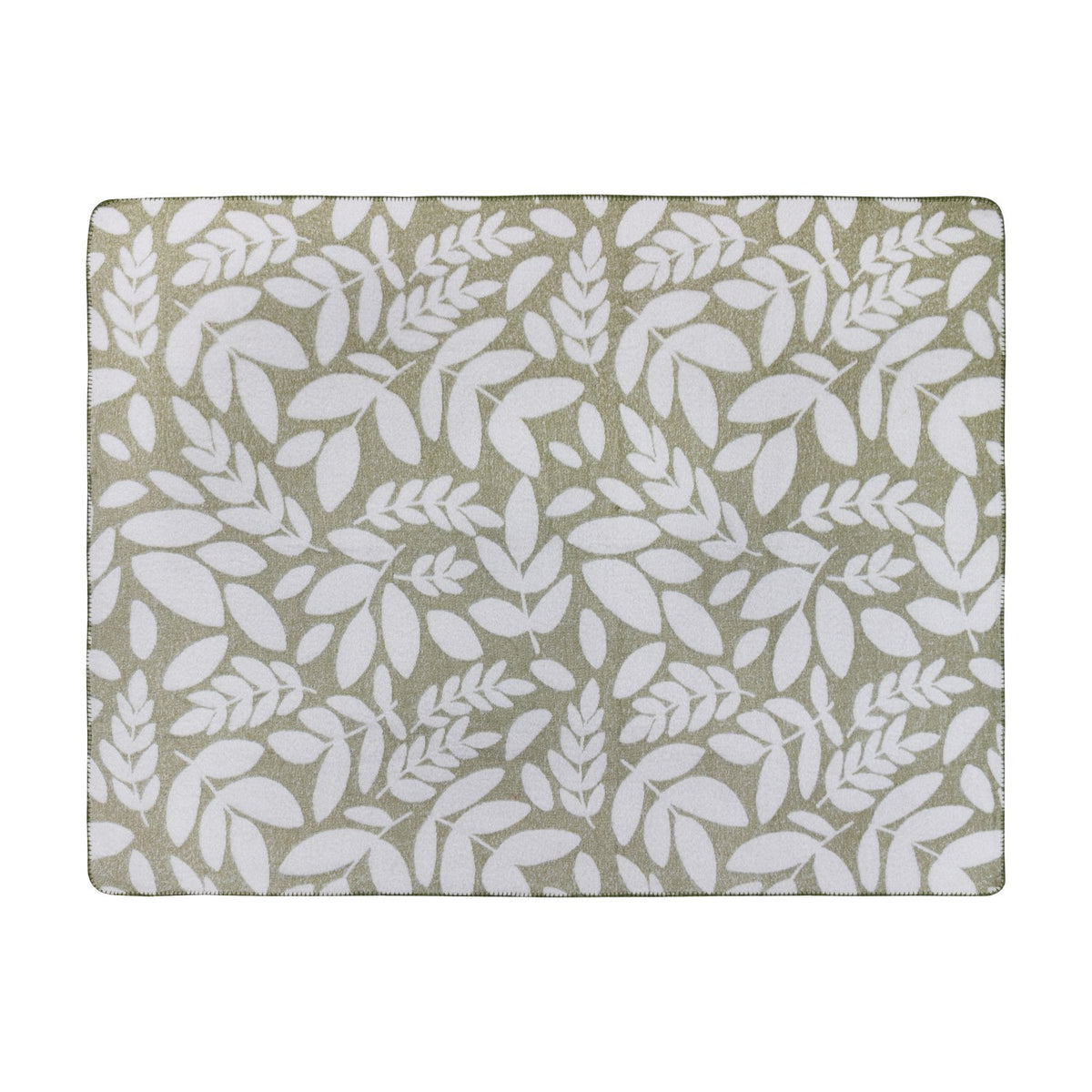 Hazel Botanical Polyester Throw in olive, rectangular with an all-over white leaf pattern and whipstitched edge, shown flat against a plain white background.