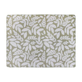 Hazel Botanical Polyester Throw in olive, rectangular with an all-over white leaf pattern and whipstitched edge, shown flat against a plain white background.