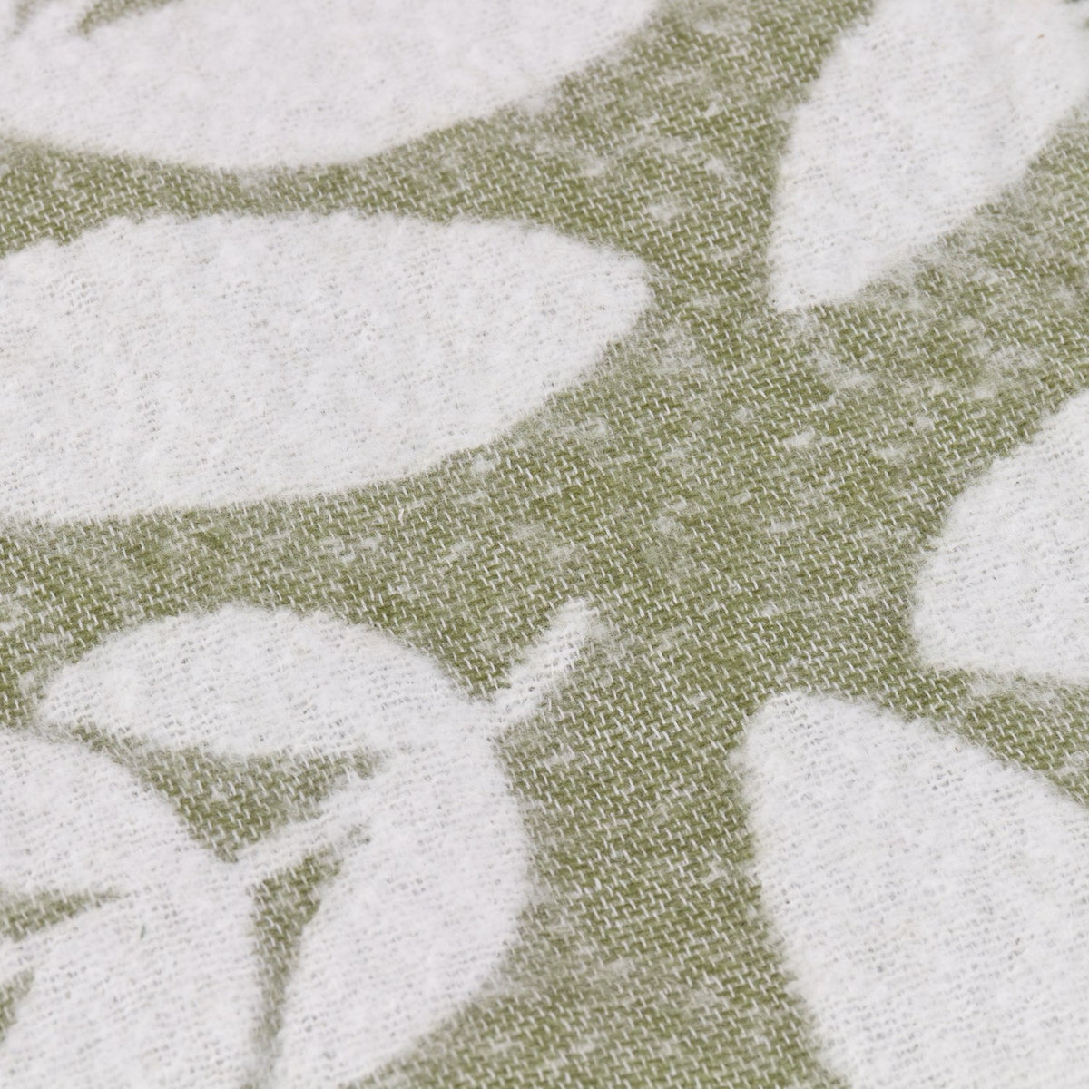 Close-up of the Hazel Botanical Polyester Throw in olive, showing a woven leaf pattern in white against a green ground.