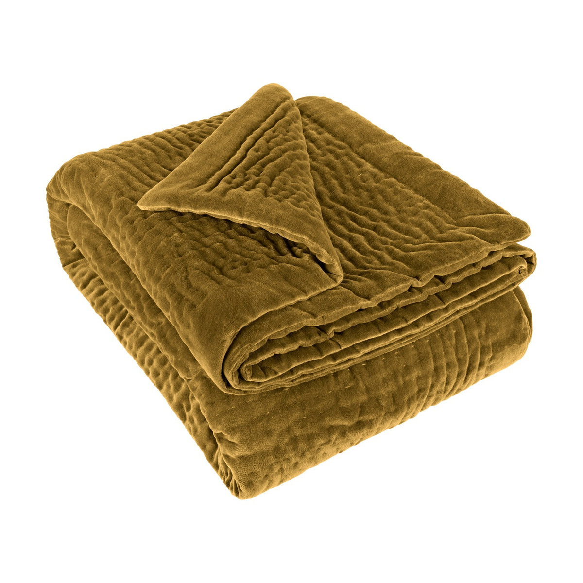 Haze Velvet Cotton Throw in mustard, folded to show a hand-quilted, rippled cotton velvet texture, shown on a plain white background.