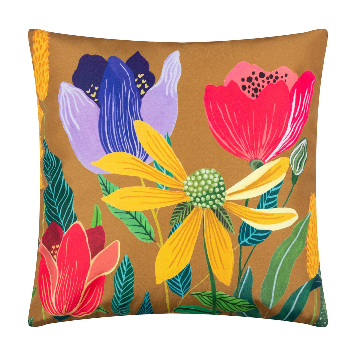 House of Bloom Floral Polyester Cushion in Saffron, square 43x43cm, with a yellow celandine, purple tulip and red poppy design on a golden-brown ground, shown on a plain white background.