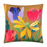 House of Bloom Floral Polyester Cushion in Saffron, square 43x43cm, with a yellow celandine, purple tulip and red poppy design on a golden-brown ground, shown on a plain white background.