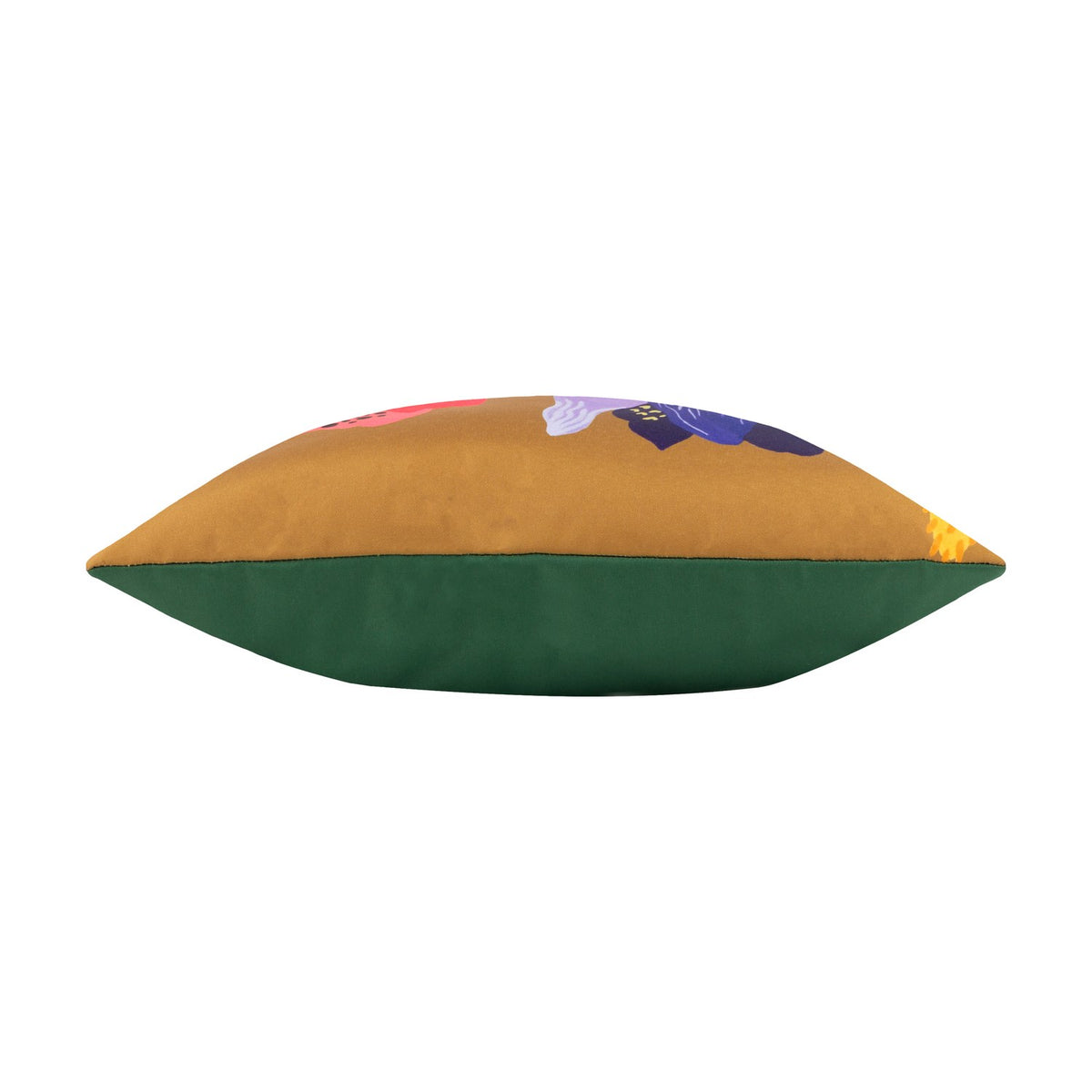 Side view of the House of Bloom Floral Polyester Cushion in Saffron, showing a saffron floral panel above a solid green base, on a plain white background.