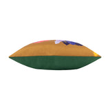 Side view of the House of Bloom Floral Polyester Cushion in Saffron, showing a saffron floral panel above a solid green base, on a plain white background.