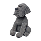 Herringbone Dog Animal Polyester Door Stop in grey, sitting dog shape with darker ears, nose and paws, beaded eyes, on a plain white background.