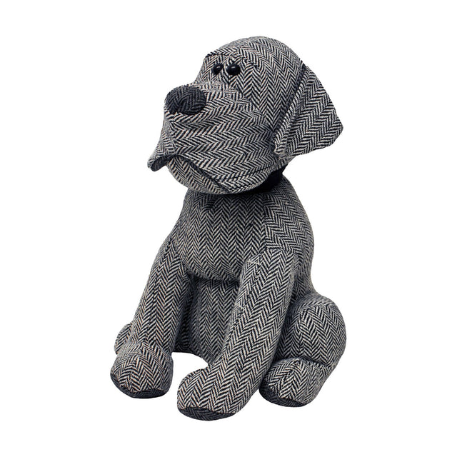 Herringbone Dog Animal Polyester Door Stop in grey, sitting dog shape with darker ears, nose and paws, beaded eyes, on a plain white background.