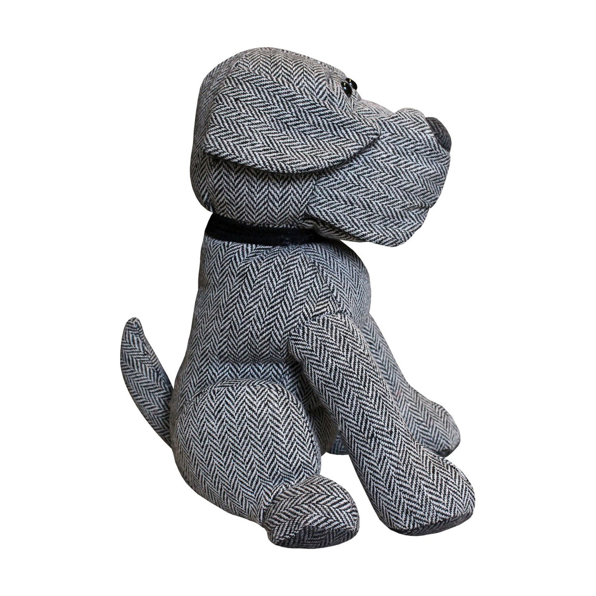 Herringbone Dog Animal Polyester Door Stop in grey, a sitting dog shape with black collar, beaded eyes, and darker fabric ears, paws and nose, shown against a plain white background.