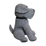 Herringbone Dog Animal Polyester Door Stop in grey, a sitting dog shape with black collar, beaded eyes, and darker fabric ears, paws and nose, shown against a plain white background.