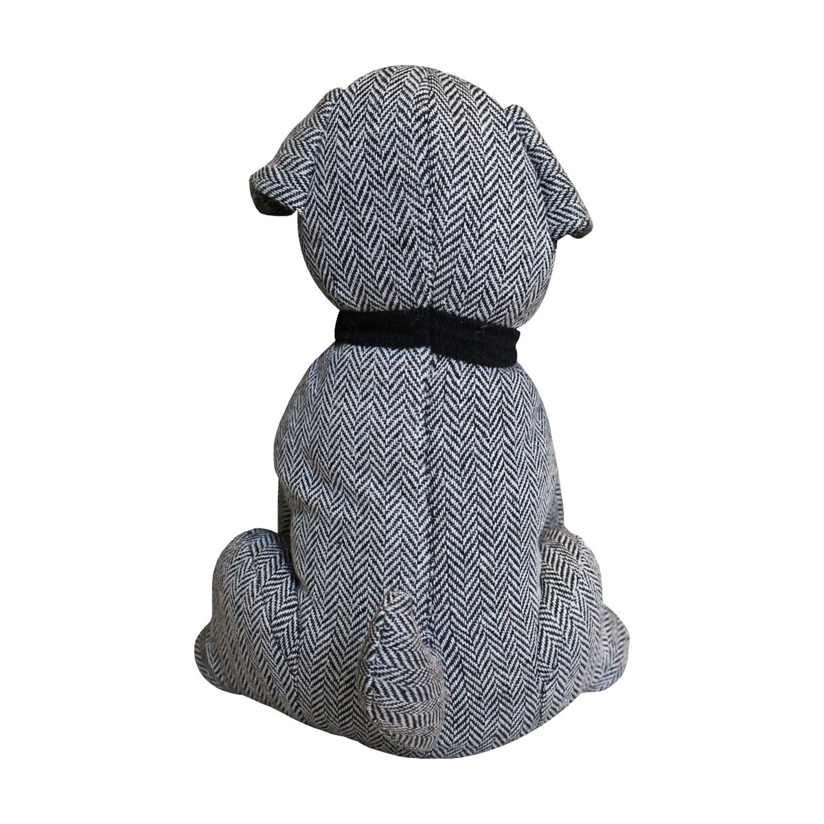 Rear view of the Herringbone Dog Animal Polyester Door Stop in grey, showing the zig-zag weave, black neck collar, and darker ear and paw accents against a plain white background.
