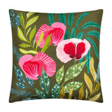 House of Bloom Poppy square cushion in olive green polyester, featuring a hand-painted floral print of pink and red poppies among green, teal and gold leaves, shown on a plain white background.