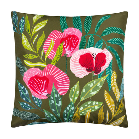 House of Bloom Poppy square cushion in olive green polyester, featuring a hand-painted floral print of pink and red poppies among green, teal and gold leaves, shown on a plain white background.